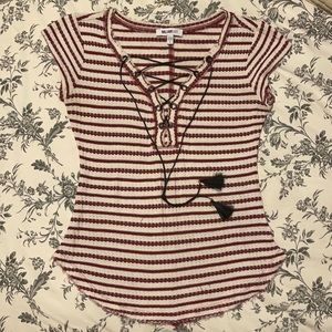 William Rast Sz S burgundy and white strip blouse with tie string.